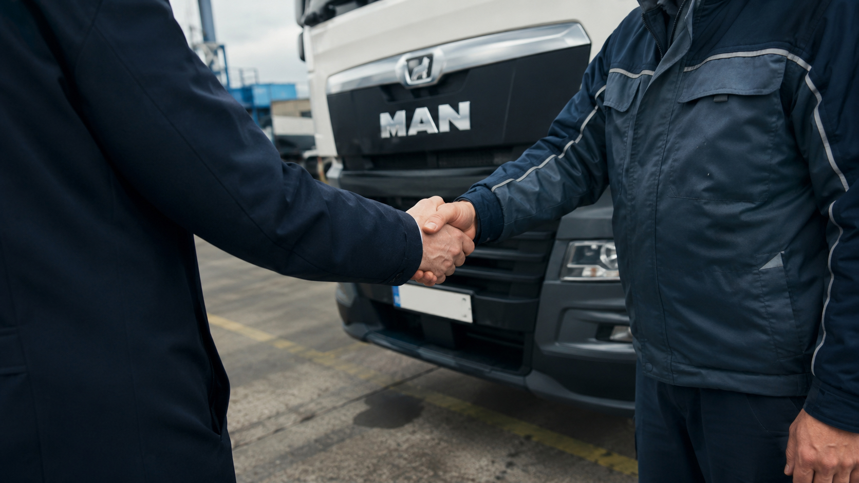 Dispatcher and driver shaking hands in front of a truck in Hamburg