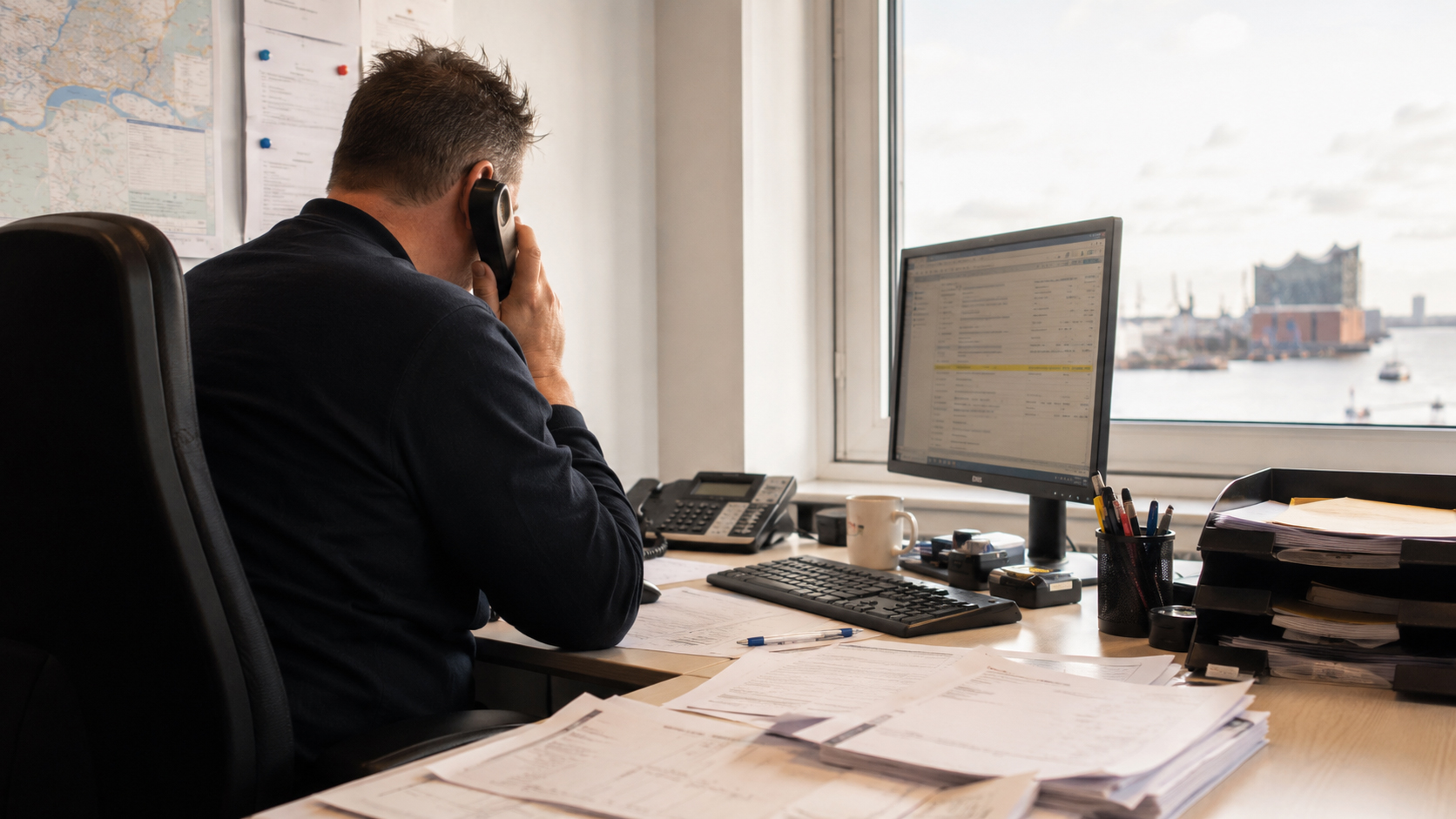 Dispatcher on the phone in the office in Hamburg