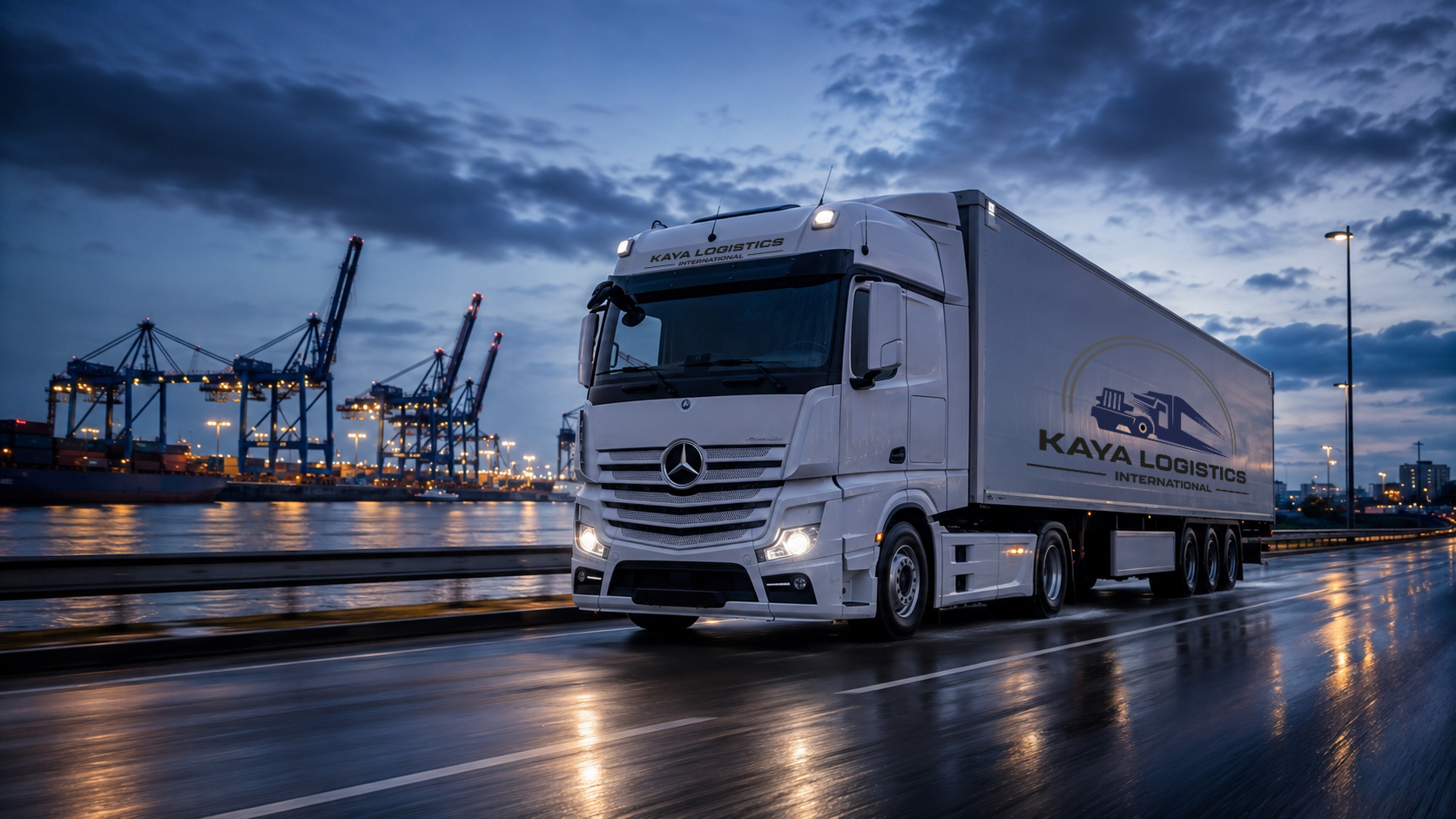 Truck at the Port of Hamburg with container gantry cranes